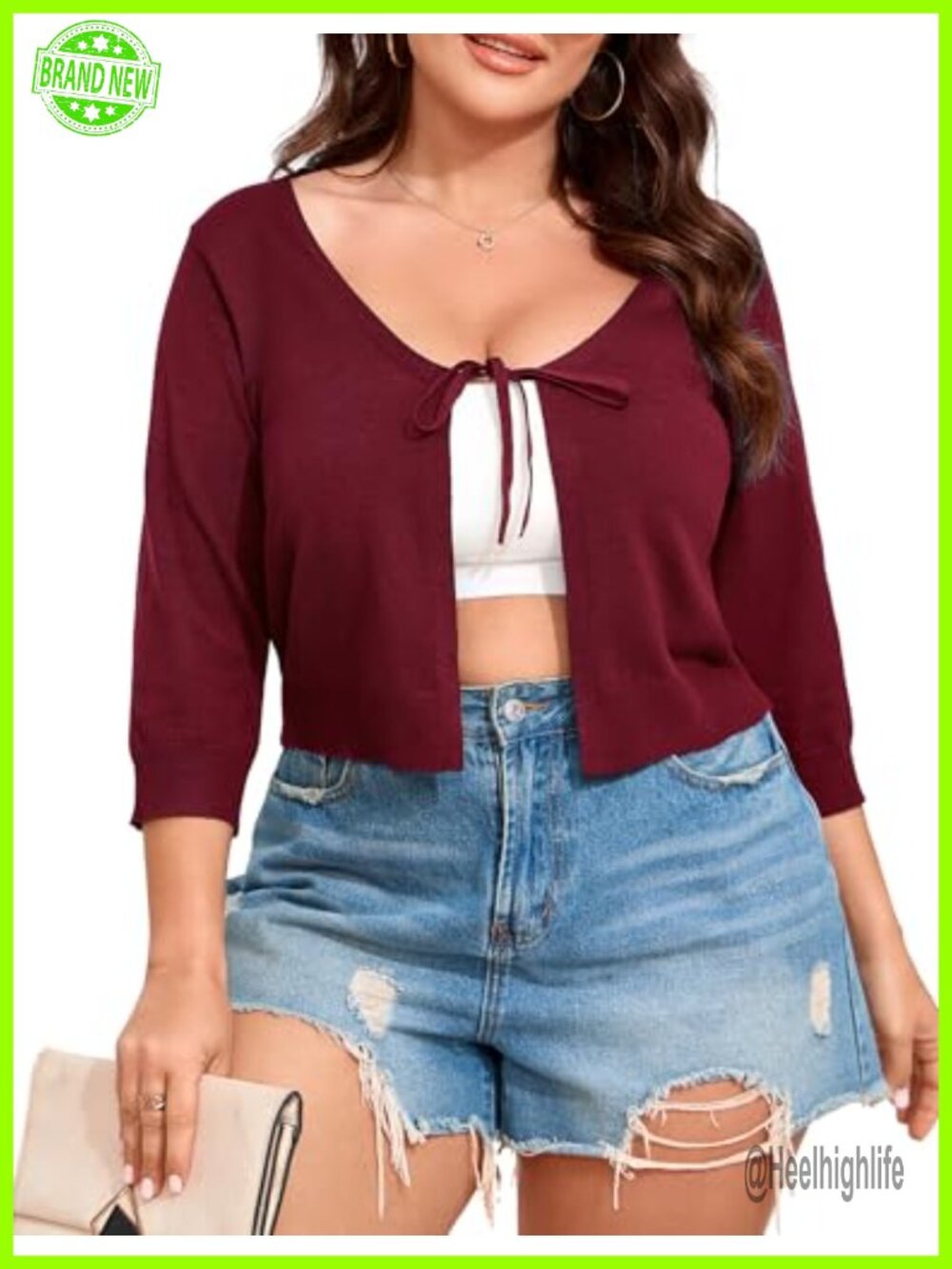 Rib-Knit Tie Front Shrug Cardigan Crop Sweater 3/4 Sleeve V-Neck Loose Fit